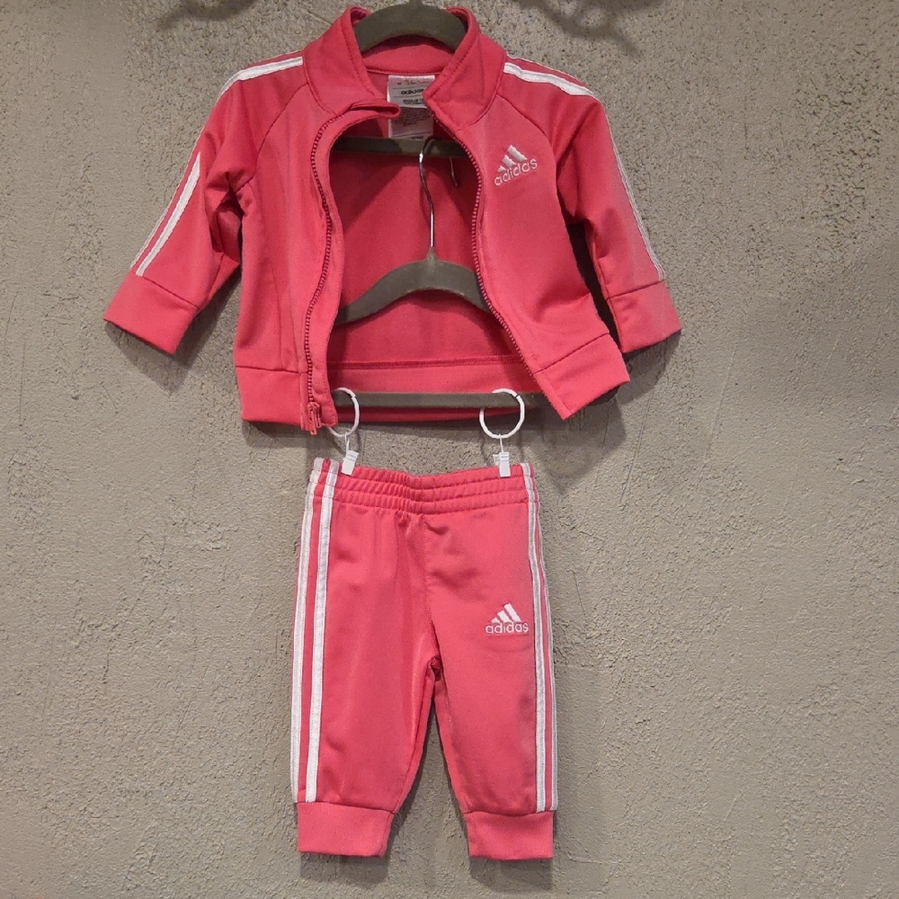 Adidas Infant Pink Tracksuit with White Stripes